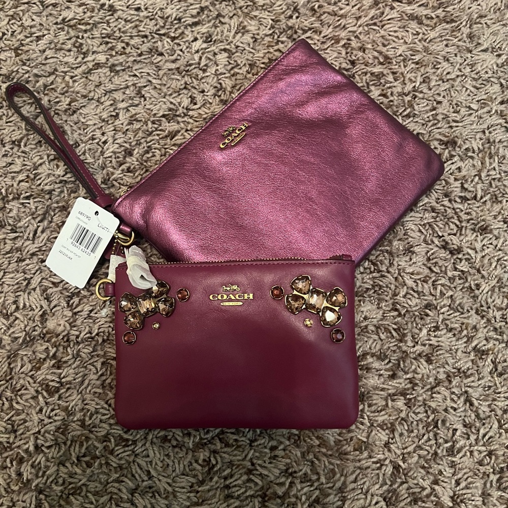NWT Coach Metallic Embellished Wristlet clutch Purple Jewel Crystal Bows Duo!